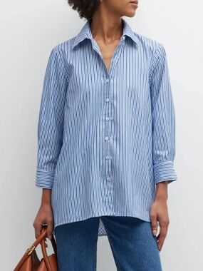 Finley Trapeze Chenille Blue Stripe Button Down Shirt Small 3/4 Sleeve Excellent